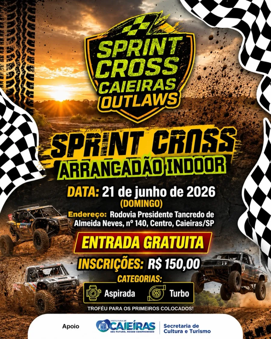 O Sprint Cross movimenta Caieiras neste domingo, 21 de junho, com veículos preparados, pista de terra, velocidade e entrada gratuita para o público.