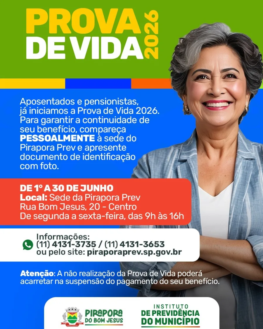 O atendimento ocorre até 30 de junho na sede da Pirapora Prev. Beneficiários devem apresentar documento oficial com foto para evitar problemas no pagamento.
