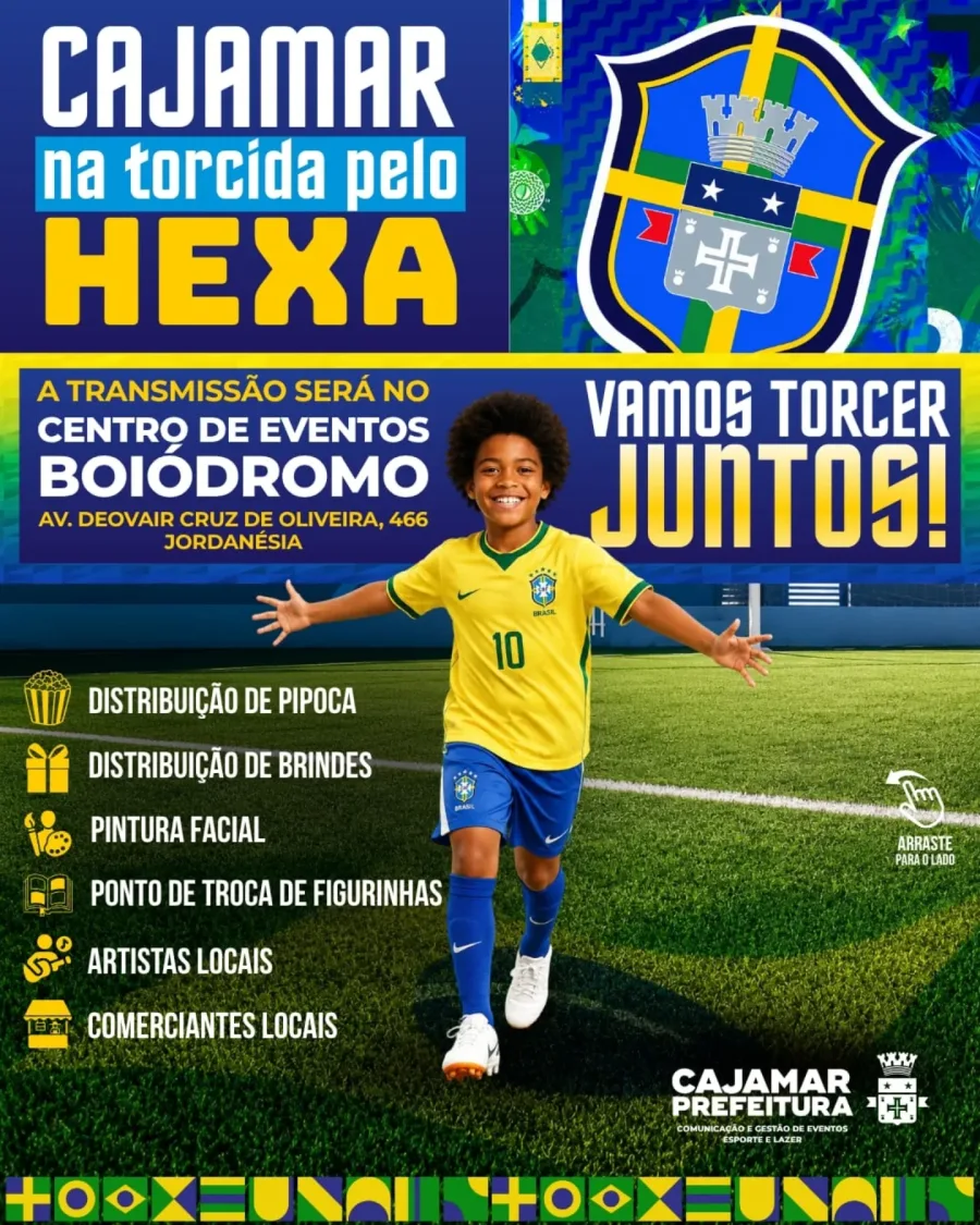 Cajamar promove programação especial para os jogos da Seleção Brasileira no Boiódromo. Além dos telões, o público contará com pipoca, brindes, pintura facial, troca de figurinhas e atrações locais.