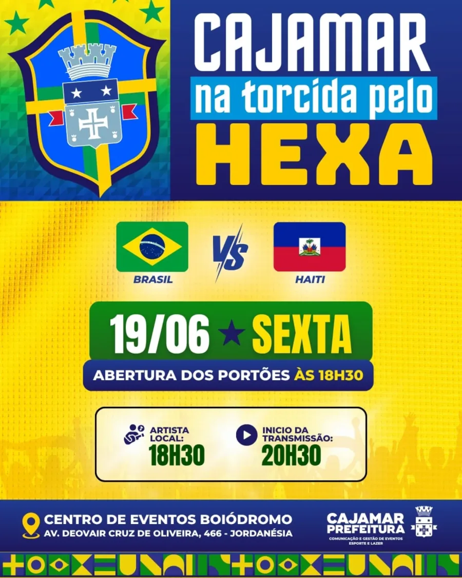 Moradores de Cajamar poderão acompanhar Brasil x Haiti em clima de torcida organizada no Boiódromo. O evento terá abertura dos portões às 18h30, atrações locais e transmissão da partida.