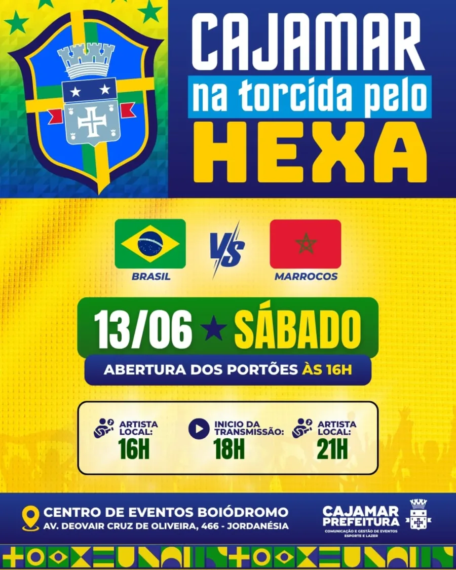 Cajamar prepara uma grande festa para acompanhar Brasil x Marrocos no Centro de Eventos Boiódromo. A programação inclui transmissão em telão, artistas locais e atividades para toda a família.