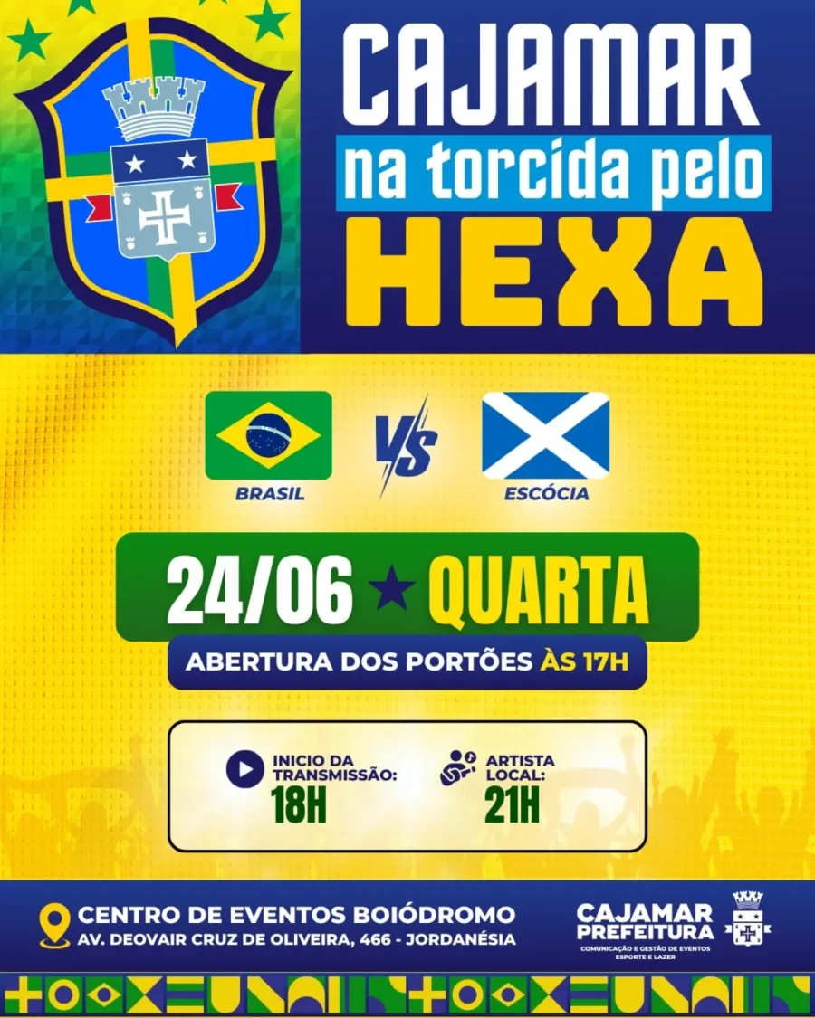 A torcida brasileira tem encontro marcado em Cajamar para assistir ao duelo entre Brasil e Escócia. O Boiódromo receberá o público com transmissão ao vivo, música e estrutura especial.