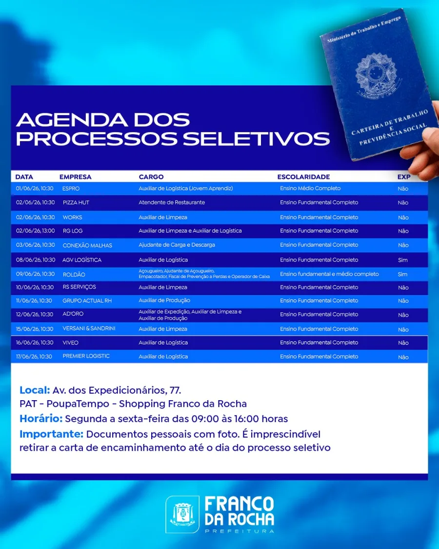 PAT divulga processos seletivos com oportunidades para diferentes perfis profissionais