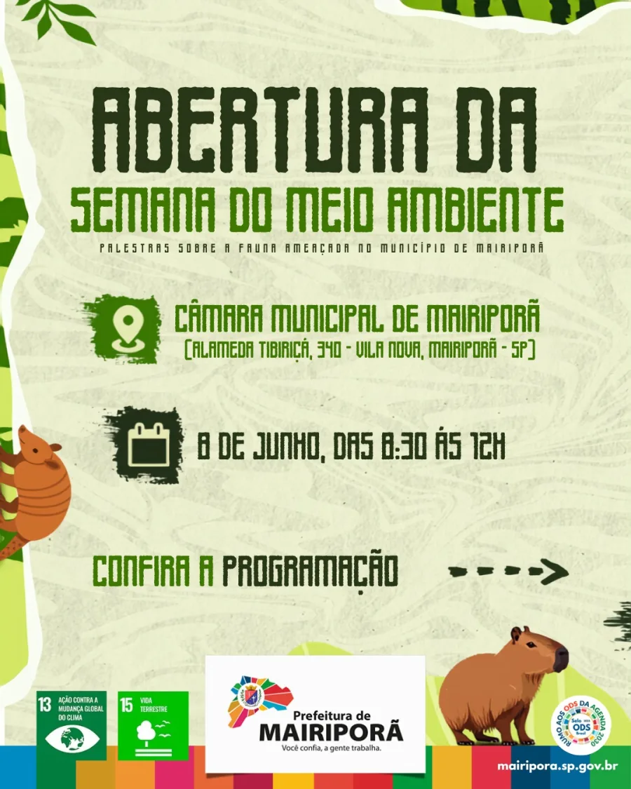 O encontro acontecerá na Câmara Municipal e contará com palestras sobre emergência climática, compostagem, biodiversidade, proteção animal e conservação da fauna.