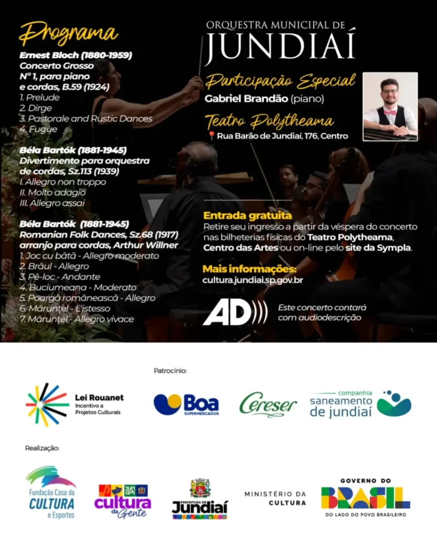 Além da participação especial do pianista Gabriel Brandão, o concerto contará com audiodescrição e retirada antecipada de ingressos.