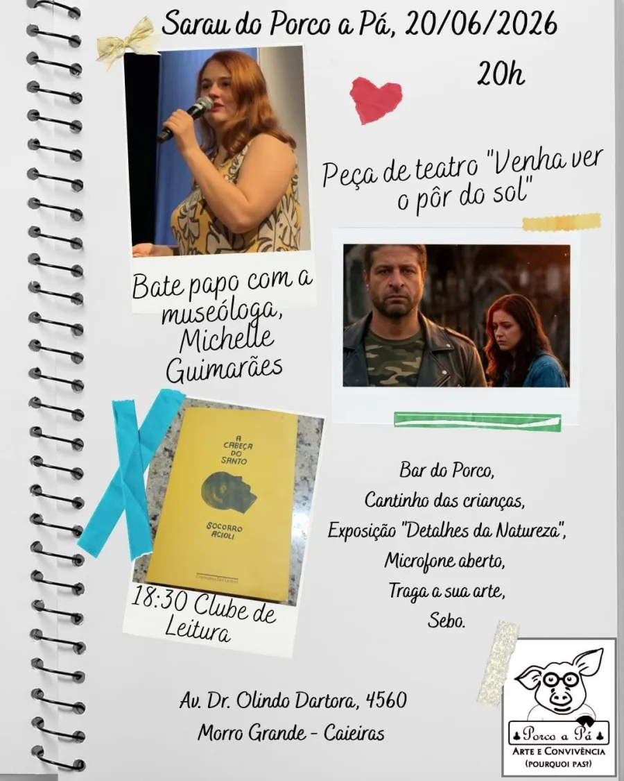 O Sarau do Porco a Pá acontece neste sábado, 20 de junho, com Clube de Leitura às 18h30, peça de teatro às 20h e microfone aberto no Bar do Porco, na Avenida Dr. Olindo Dártora, 4560, no Morro Grande, em Caieiras.