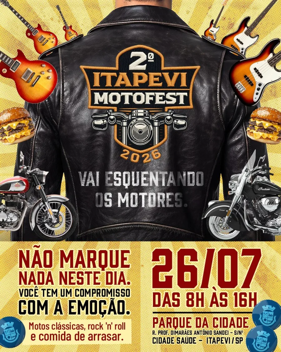 Com programação das 8h às 16h, o encontro promete movimentar Itapevi com cultura motociclística, espaço para fotos e atividades voltadas aos apaixonados por duas rodas.
