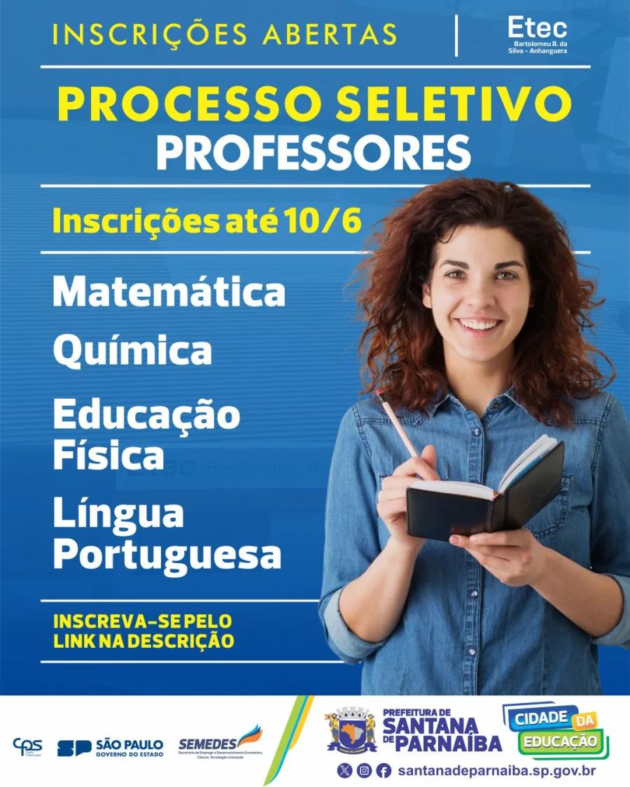 A seleção contempla áreas como Matemática, Química, Educação Física e Língua Portuguesa e ocorre em parceria com a Etec Bartolomeu Bueno da Silva.
