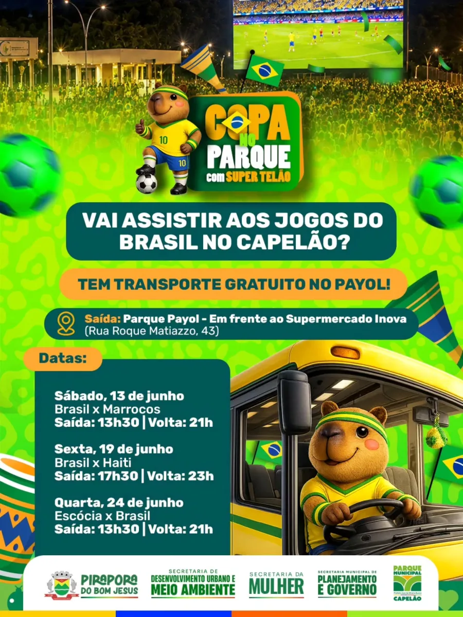 A iniciativa prevê ônibus saindo do Parque Payol em dias específicos da participação do Brasil no torneio, com embarque gratuito para quem quiser assistir às partidas no Parque Municipal Capelão.