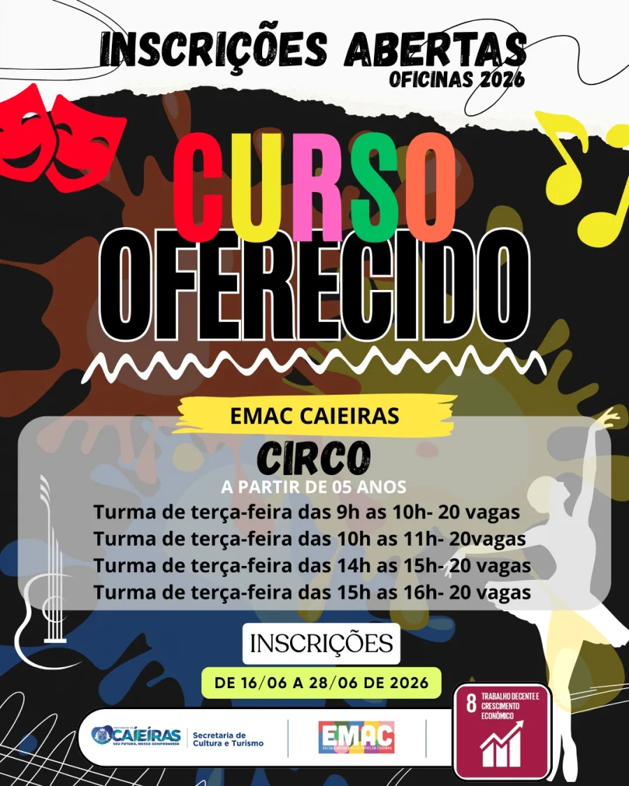 A Prefeitura de Caieiras abriu inscrições para a Oficina de Circo, atividade oferecida pela Secretaria de Cultura e Turismo por meio da EMAC.