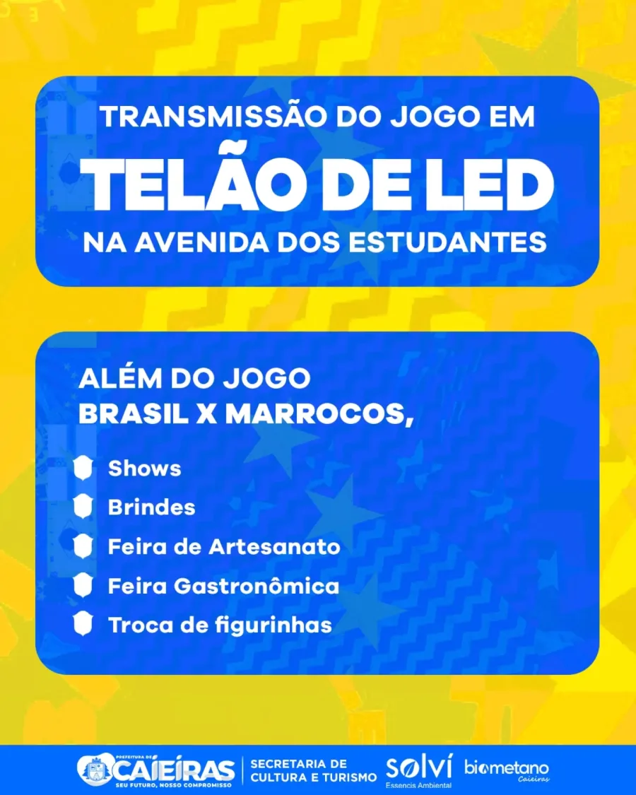Brasil x Marrocos em telão de LED? Caieiras prepara programação especial para torcida