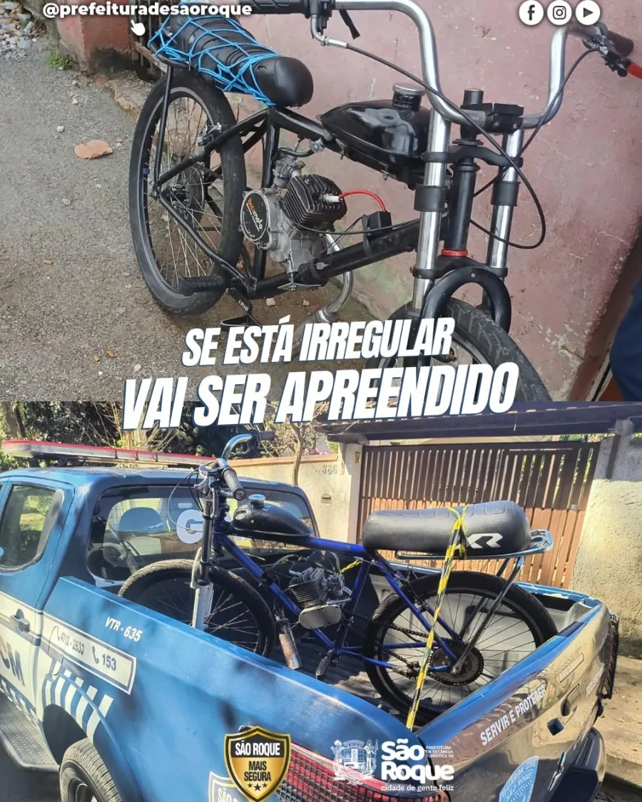 A Guarda Municipal de São Roque apreendeu duas bicicletas motorizadas durante patrulhamento nas regiões da Santa Quitéria e Santo Antônio.