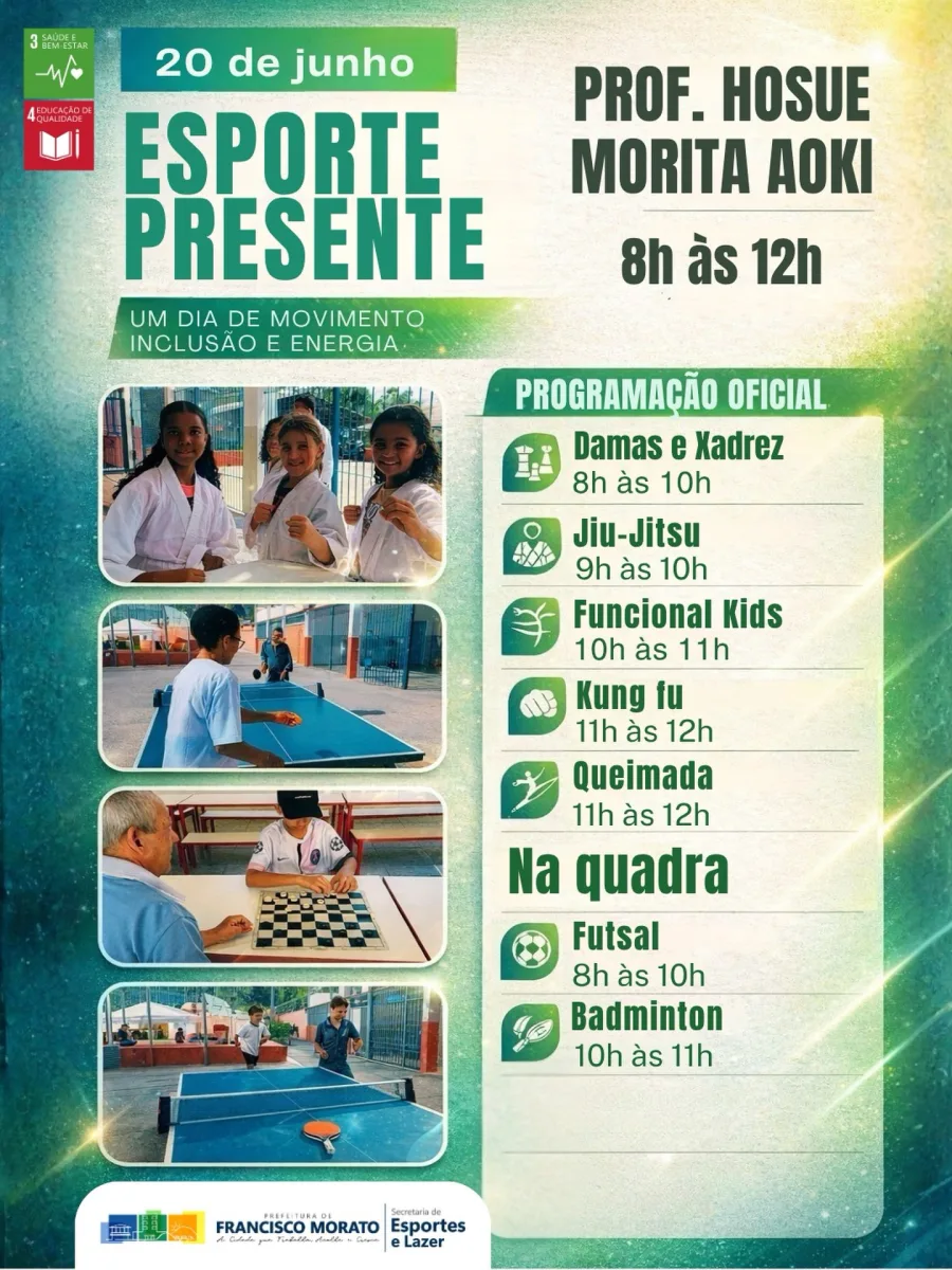 Com programação voltada para diferentes faixas etárias, o Esporte Presente terá futsal, badminton, jiu-jitsu, kung fu, funcional kids, queimada e jogos de tabuleiro em Francisco Morato.
