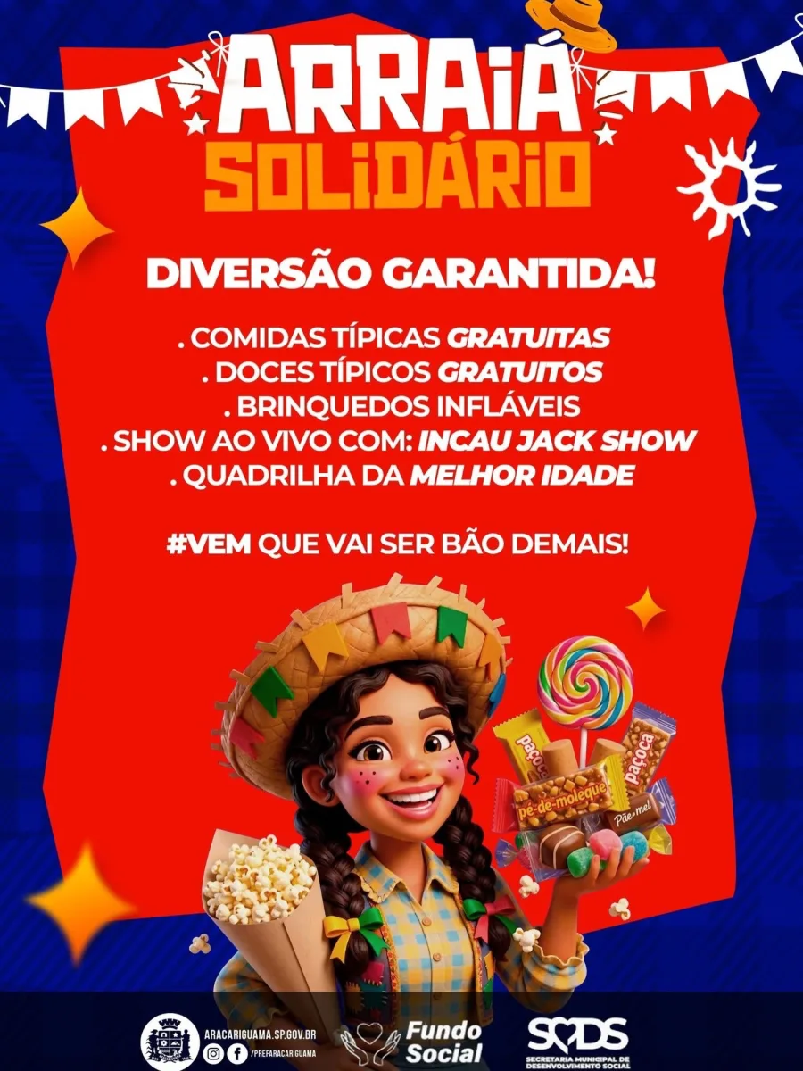 Com entrada solidária, o Arraiá Solidário acontecerá em junho no Fundo Social de Araçariguama. A programação inclui comidas típicas, show musical, quadrilha e atividades para todas as idades.