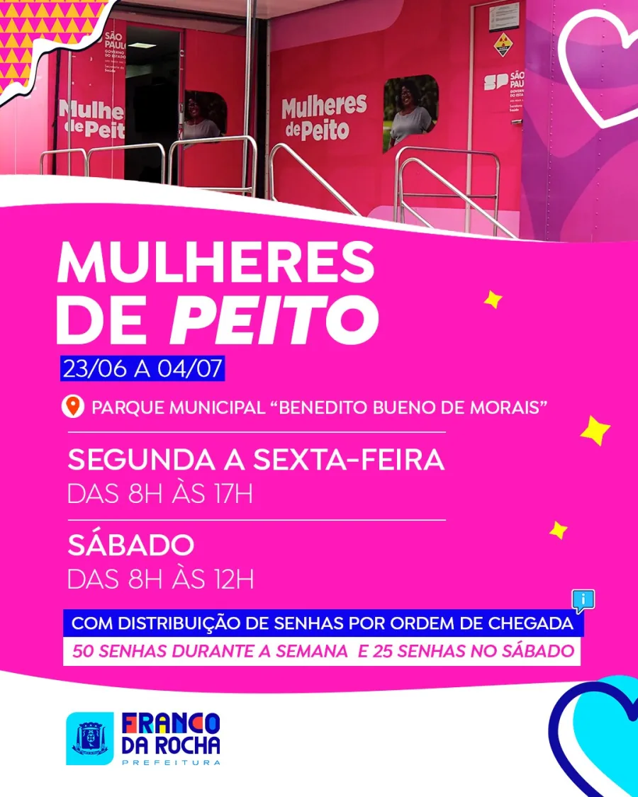 A carreta Mulheres de Peito está em Franco da Rocha para oferecer mamografia gratuita no Parque Municipal Benedito Bueno de Morais até 4 de julho.