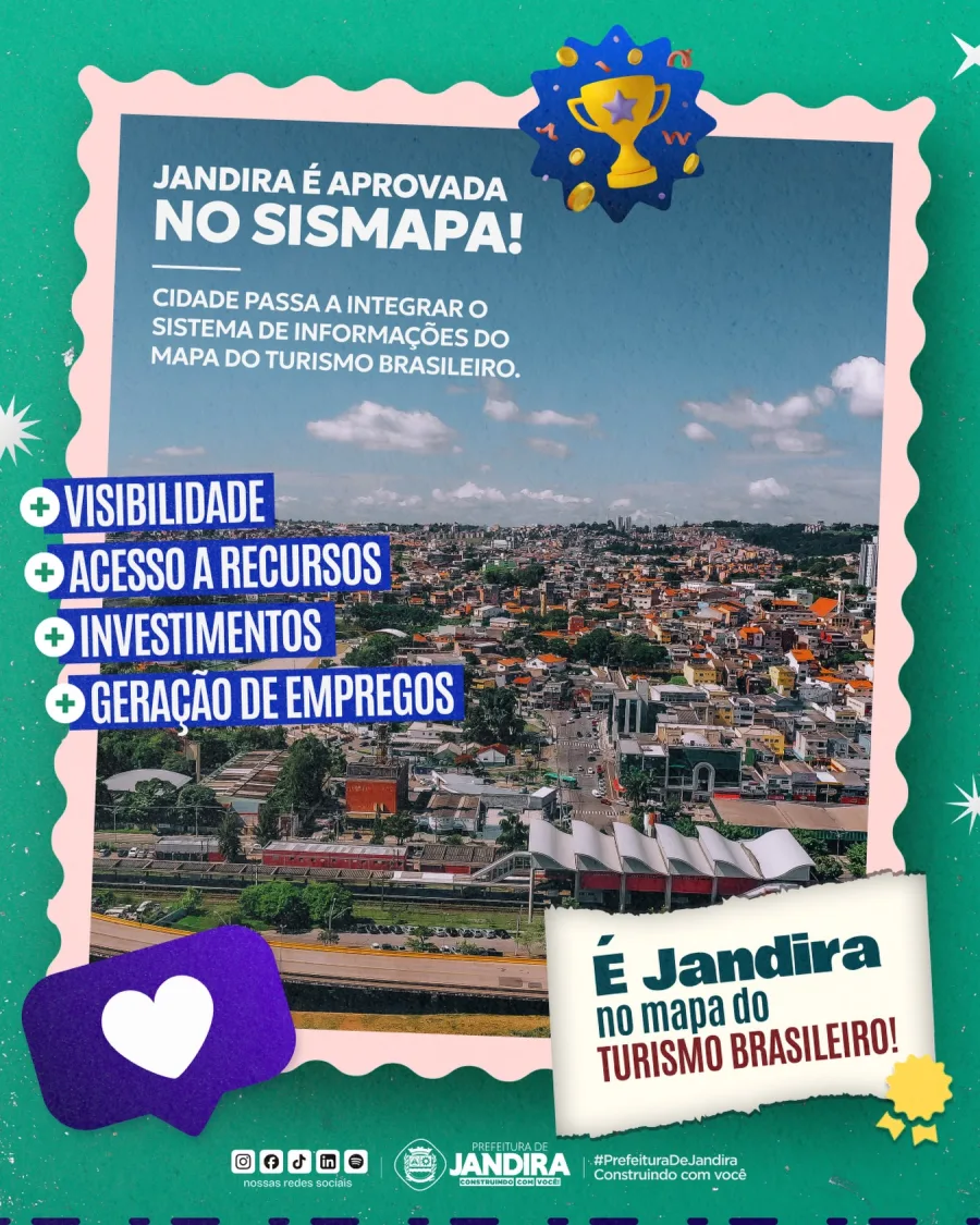 A aprovação de Jandira no SISMAPA representa um novo passo para o desenvolvimento turístico da cidade. A medida fortalece oportunidades ligadas à geração de emprego, renda e promoção do município.