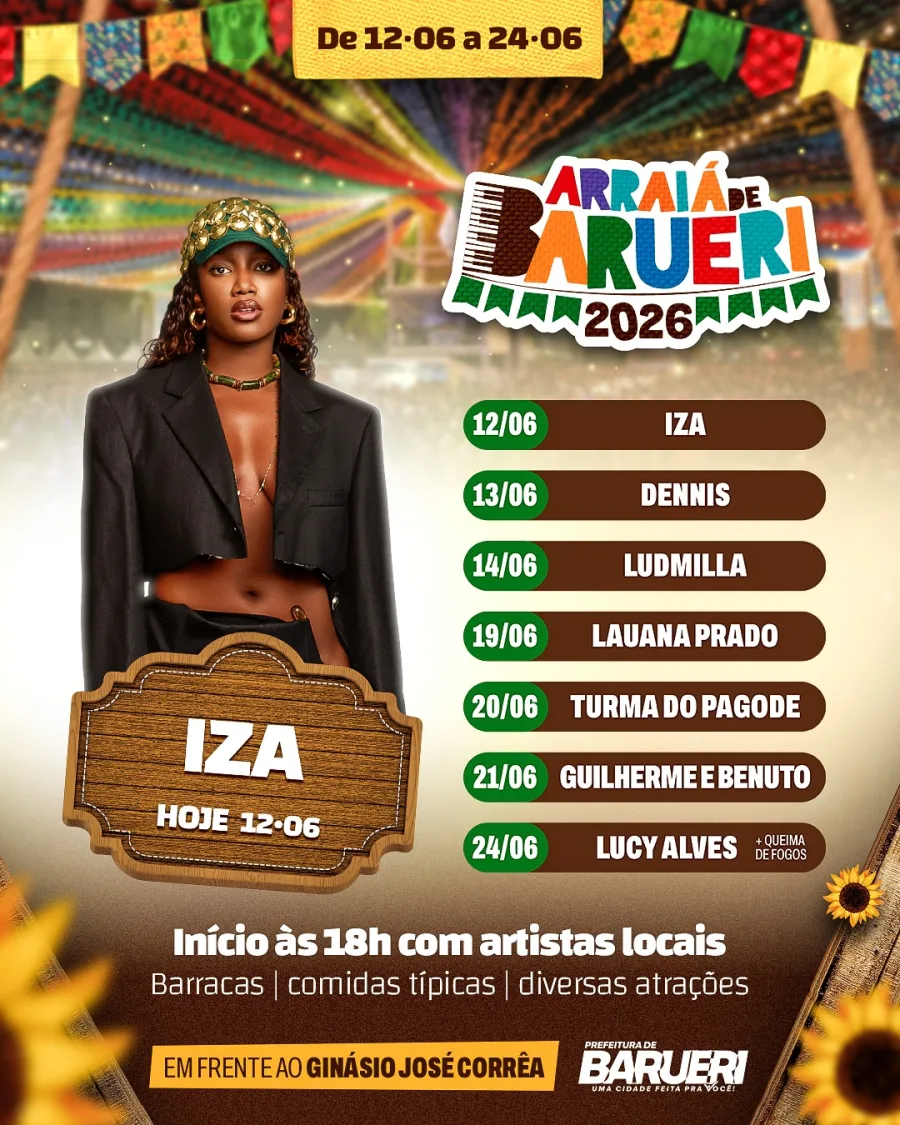 Arraiá de Barueri 2026: IZA abre a festa nesta sexta-feira