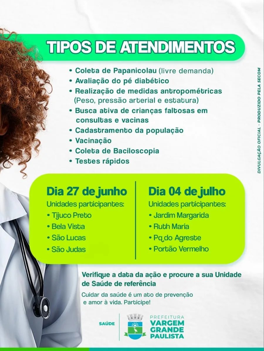 A ação acontecerá das 8h às 17h e incluirá coleta de Papanicolau, vacinação, testes rápidos e avaliação do pé diabético.
