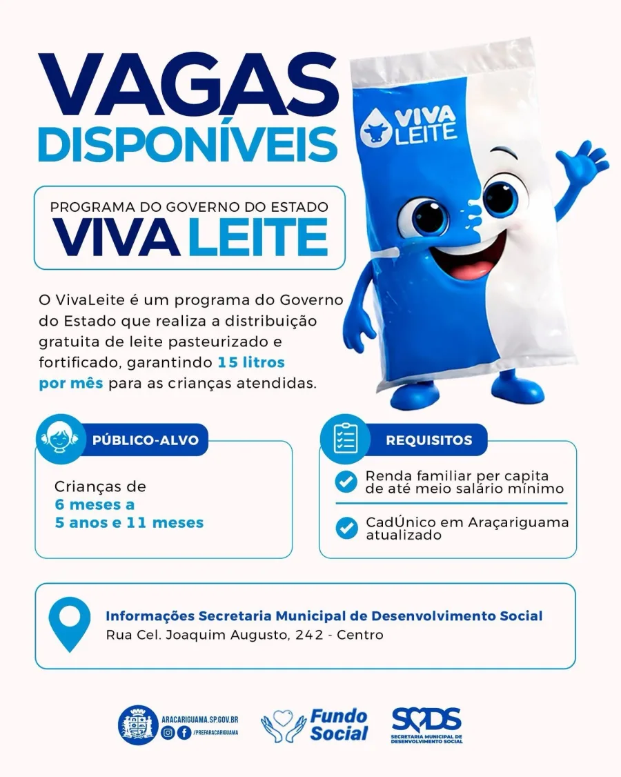 Araçariguama abriu vagas para o Programa VivaLeite, iniciativa do Governo de São Paulo voltada ao atendimento de crianças em situação de vulnerabilidade social.