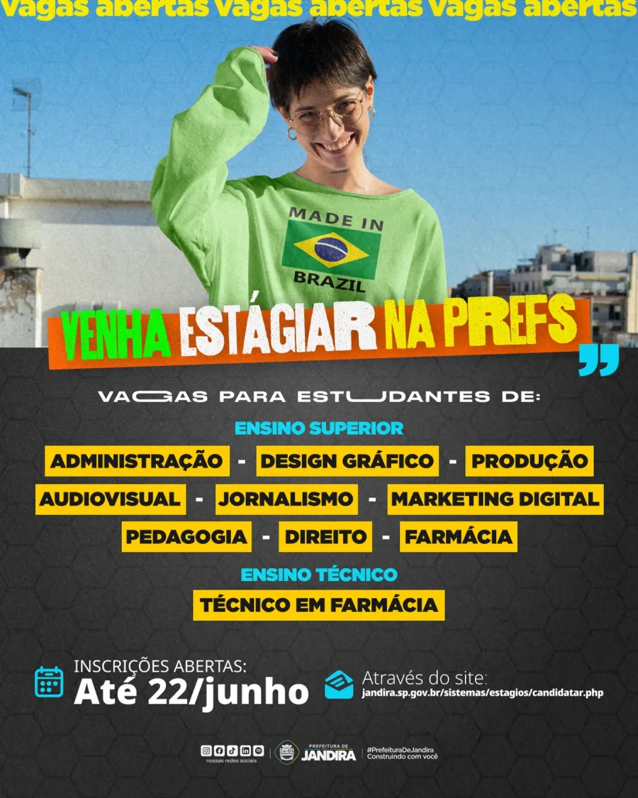 O processo seletivo contempla áreas como Jornalismo, Direito, Administração, Marketing Digital e Farmácia, entre outras oportunidades disponíveis.