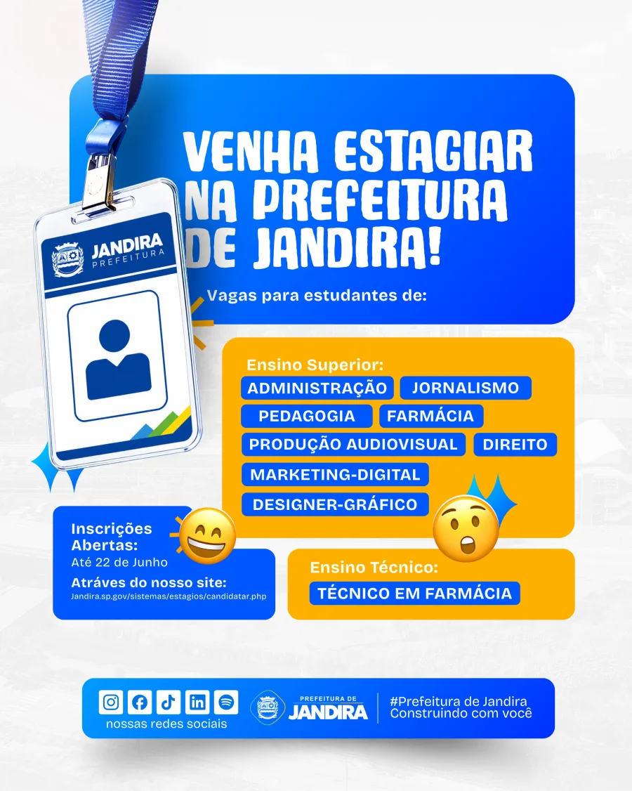 A Prefeitura de Jandira abriu inscrições para vagas de estágio destinadas a estudantes de ensino superior e ensino técnico.