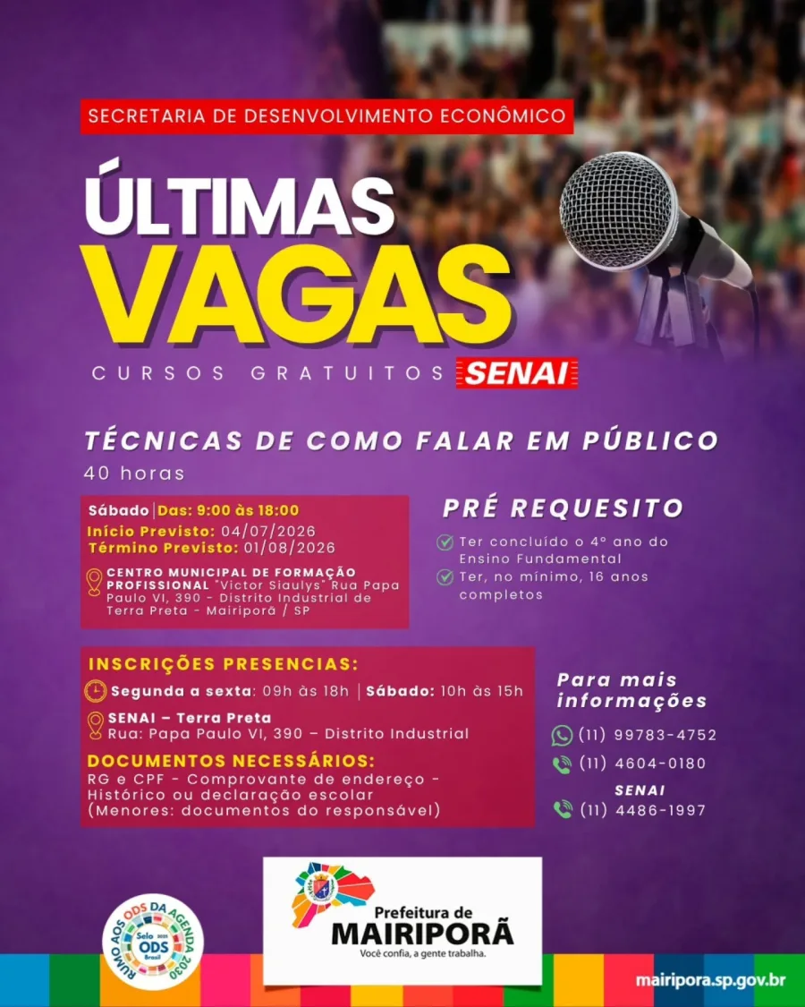 Mairiporã abriu inscrições para o curso gratuito Técnicas de Como Falar em Público, realizado em parceria com o SENAI.