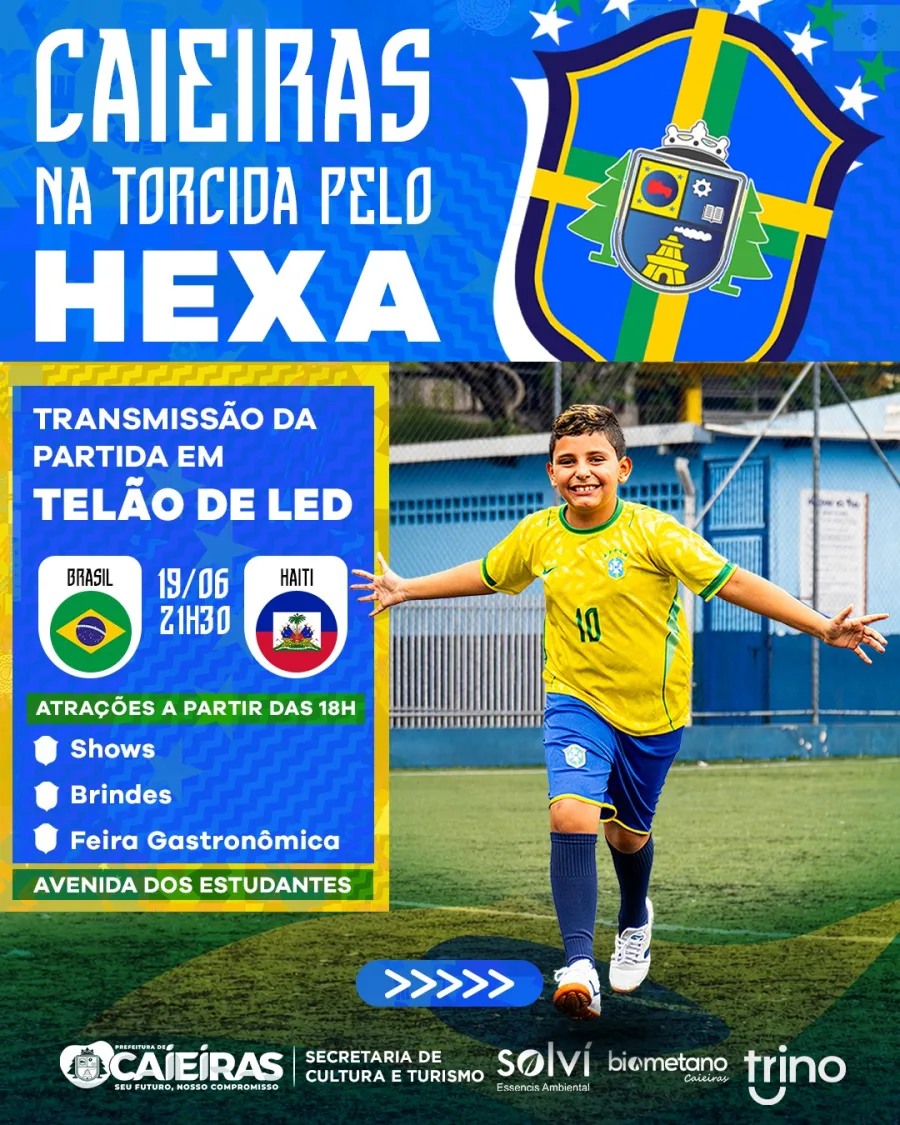 Caieiras promoverá uma grande festa para a transmissão de Brasil x Haiti no dia 19 de junho. O evento acontecerá na Avenida dos Estudantes e terá entrada gratuita para o público.