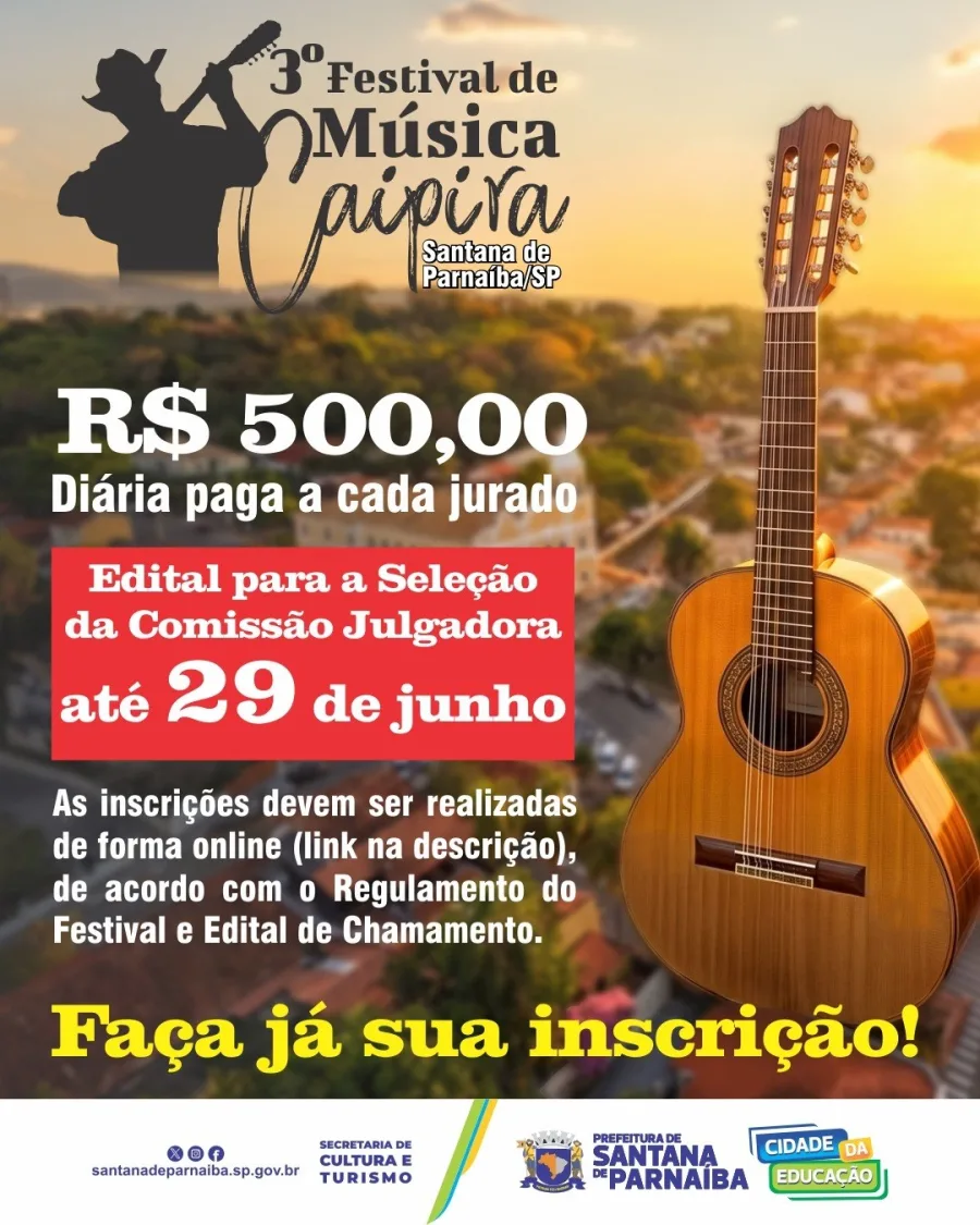 Santana de Parnaíba abriu inscrições para selecionar jurados do 3º Festival de Música Caipira, com remuneração de R$ 500 por diária.