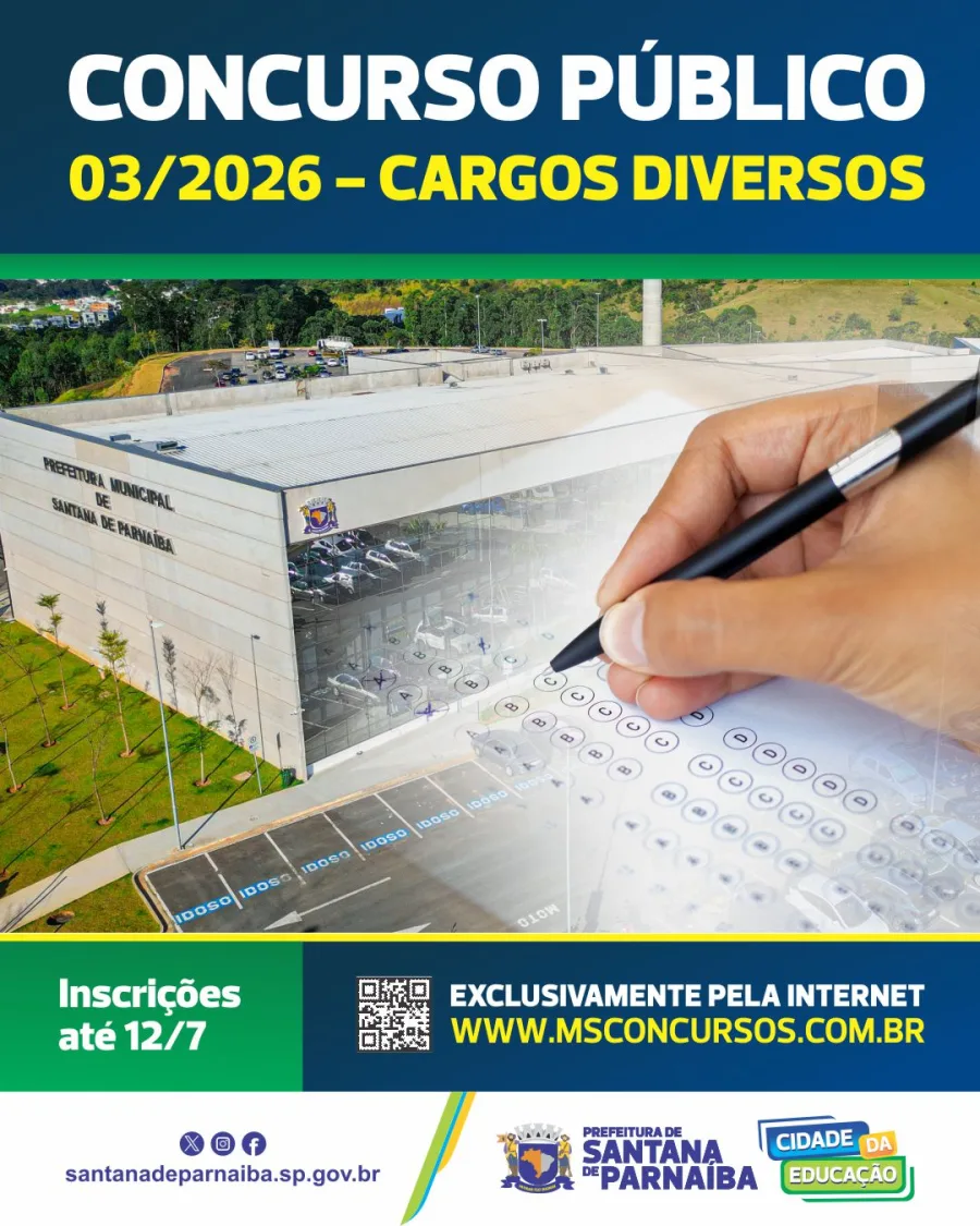 A Prefeitura de Santana de Parnaíba abriu inscrições para o Concurso Público 03/2026, com oportunidades para cargos diversos.