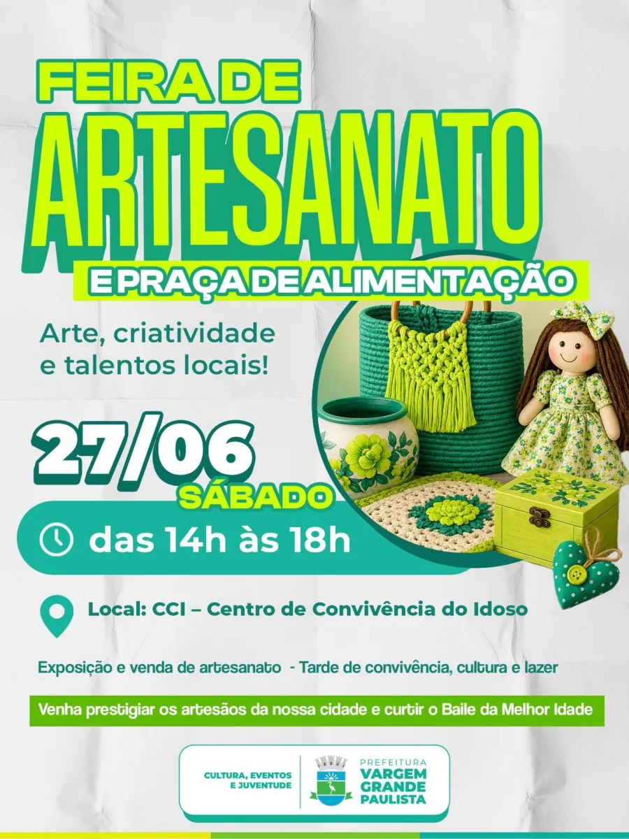 A Feira de Artesanato de Vargem Grande Paulista acontece em 27 de junho e reúne cultura, lazer e valorização dos artistas da cidade.