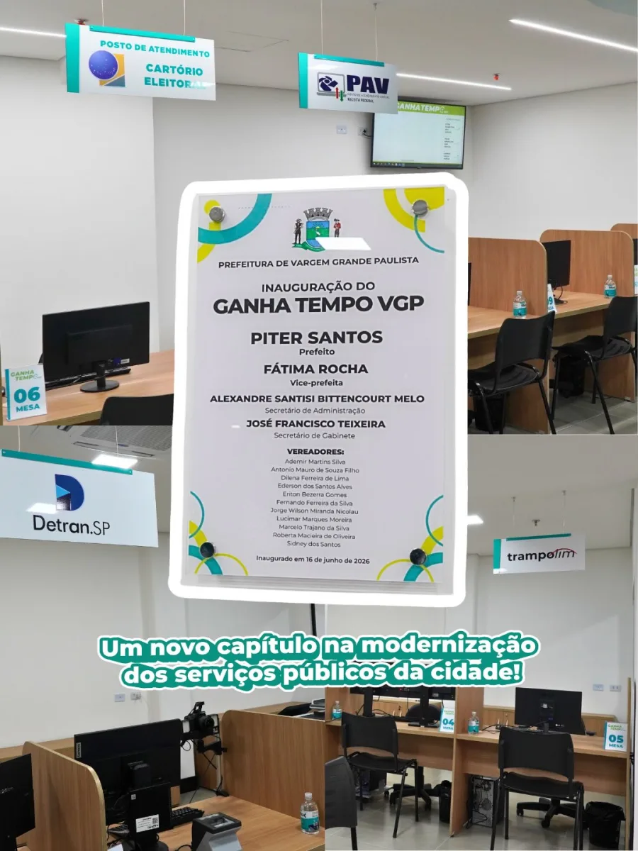 O Ganha Tempo VGP foi inaugurado com a proposta de reunir serviços essenciais em um único local, combinando atendimento presencial, canais virtuais e totens de autoatendimento para ampliar o acesso da população aos serviços públicos de Vargem Grande Paulista.