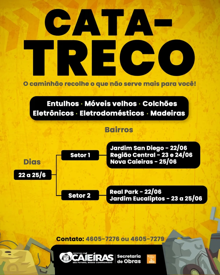 O Cata-Treco de Caieiras passa por cinco bairros entre 22 e 25 de junho para recolher objetos grandes, resíduos e materiais sem utilidade.