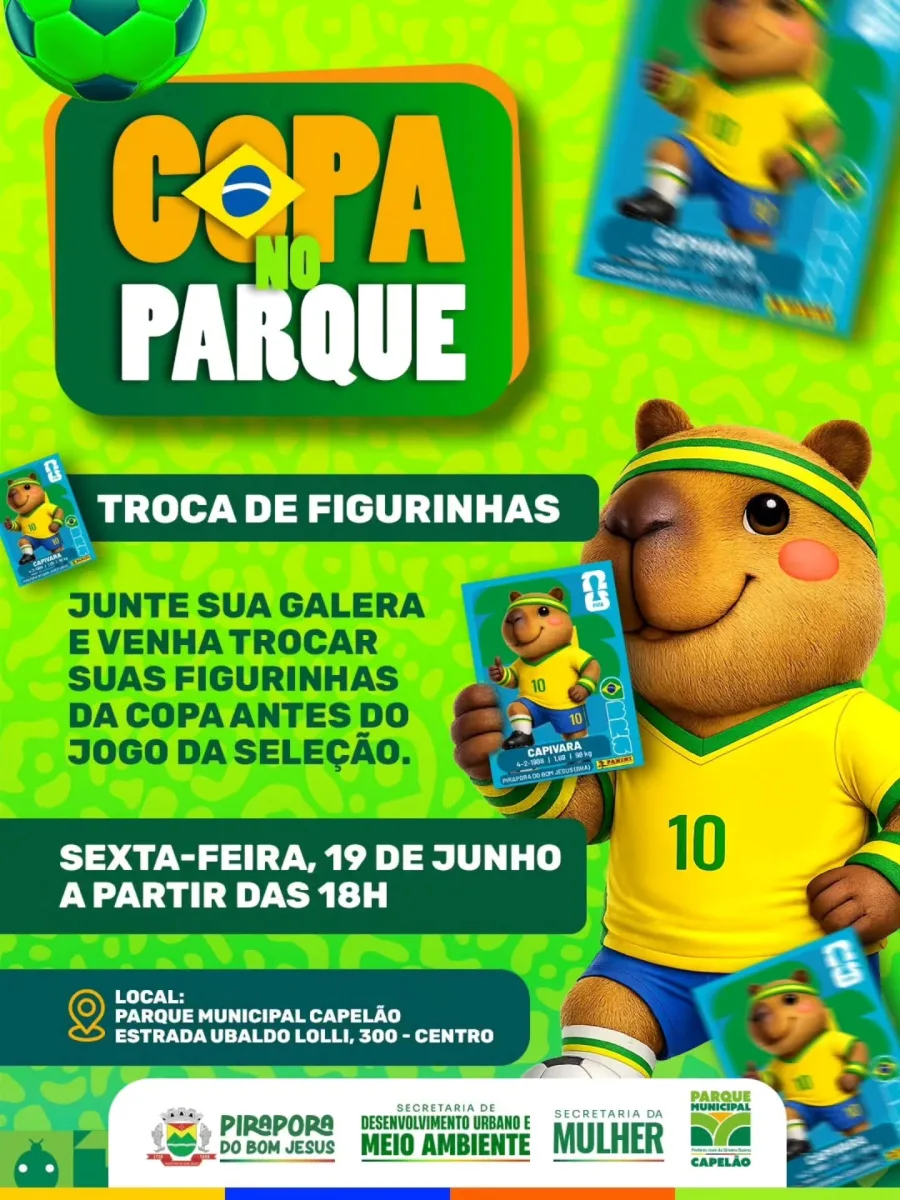 O Copa no Parque com troca de figurinhas está marcado para sexta-feira, 19 de junho, a partir das 18h, no Parque Municipal Capelão, na Estrada Ubaldo Lolli, 300, no Centro de Pirapora do Bom Jesus.