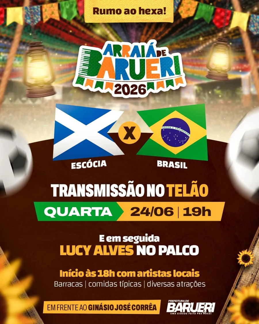 O Arraiá Barueri 2026 terá uma programação especial nesta quarta-feira, 24 de junho, em frente ao Ginásio José Corrêa.