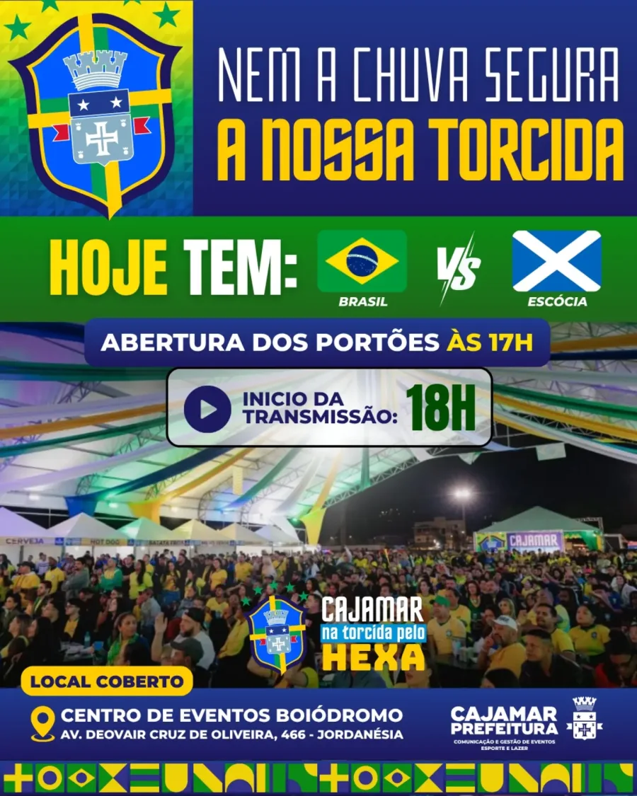 O Cajamar na Torcida pelo Hexa acontece nesta quarta-feira, 24 de junho, no Centro de Eventos Boiódromo, em Jordanésia.