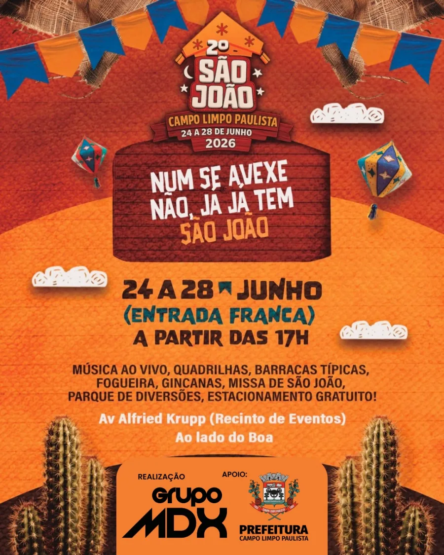 O 2º São João de Campo Limpo Paulista será realizado de 24 a 28 de junho, com entrada gratuita e atividades programadas a partir das 17h.