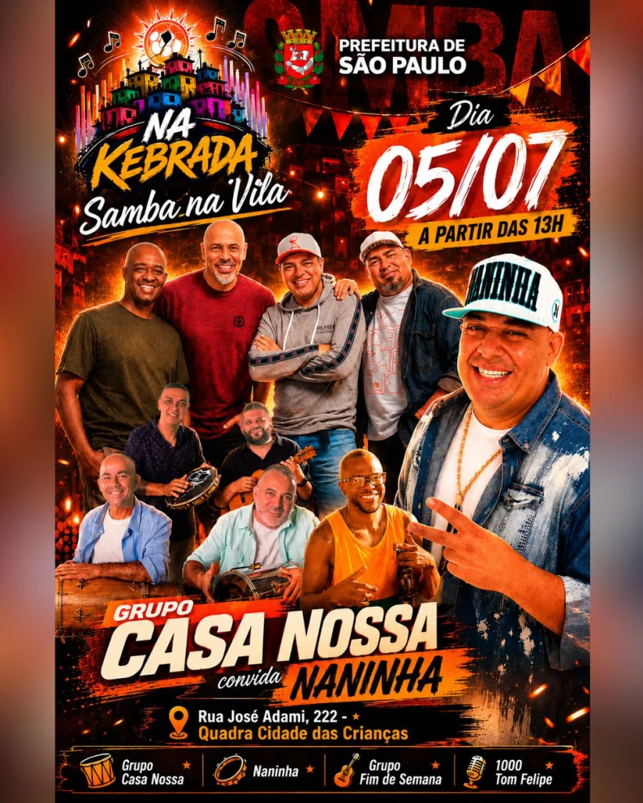 A Cidade das Crianças recebe uma tarde gratuita de samba no domingo, 5 de julho, na região de Perus.