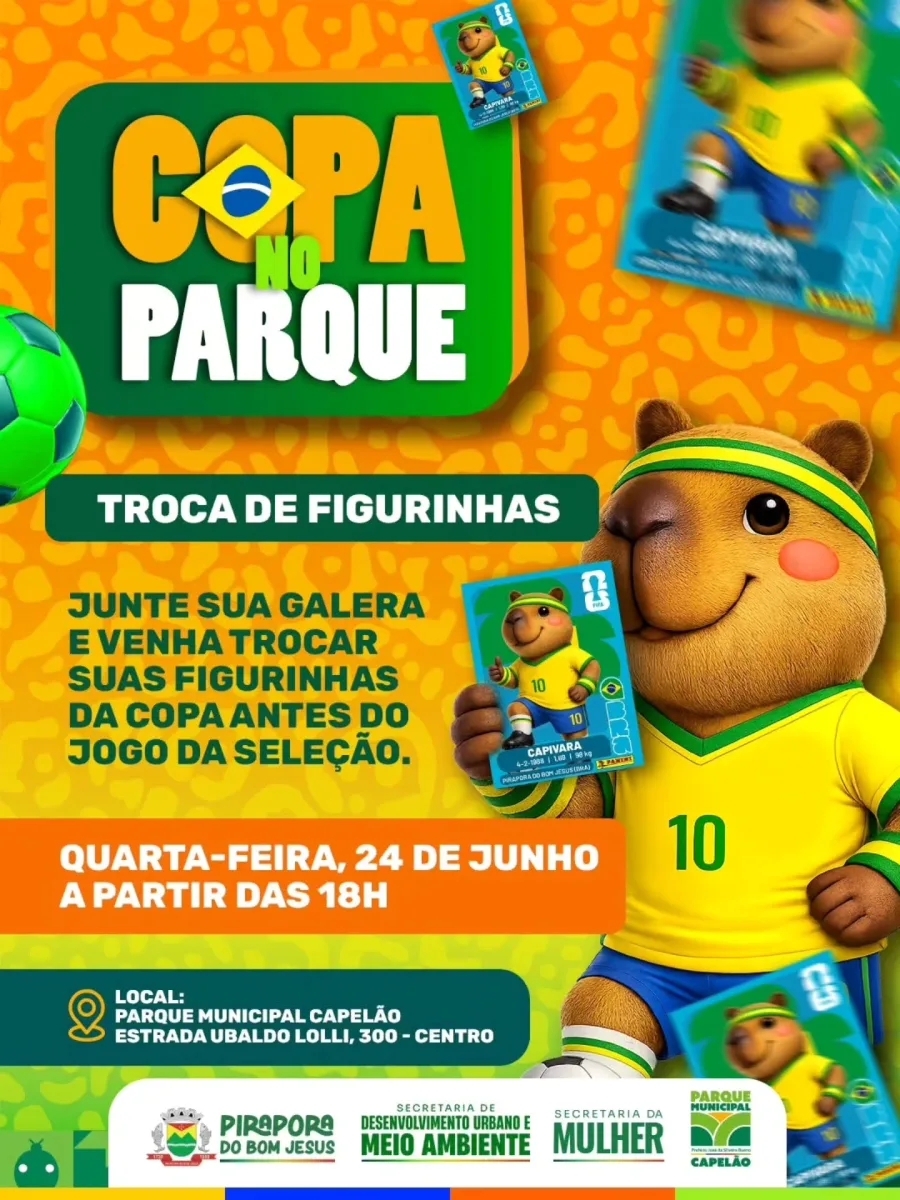 Pirapora do Bom Jesus realiza nesta quarta-feira, 24 de junho, uma troca de figurinhas da Copa antes da partida entre Brasil e Escócia.