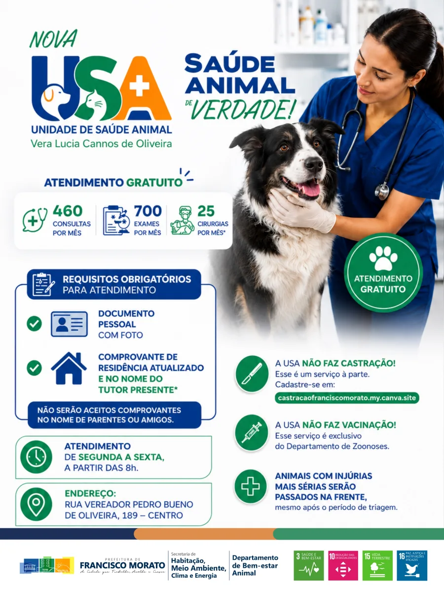 A Unidade de Saúde Animal de Francisco Morato oferece atendimento veterinário gratuito de segunda a sexta-feira, com triagem iniciada às 8h.