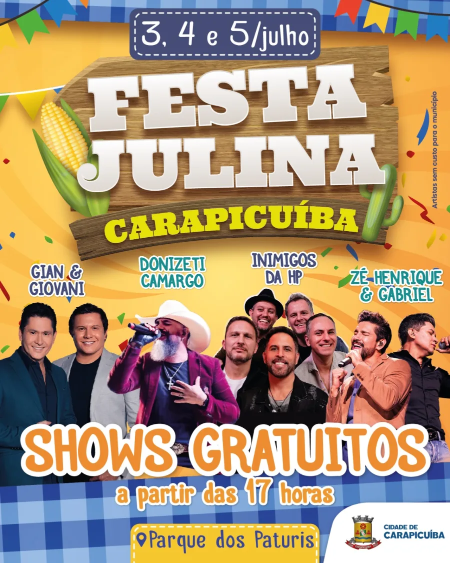 A Festa Julina de Carapicuíba será realizada entre os dias 3 e 5 de julho no Parque dos Paturis, com entrada gratuita.
