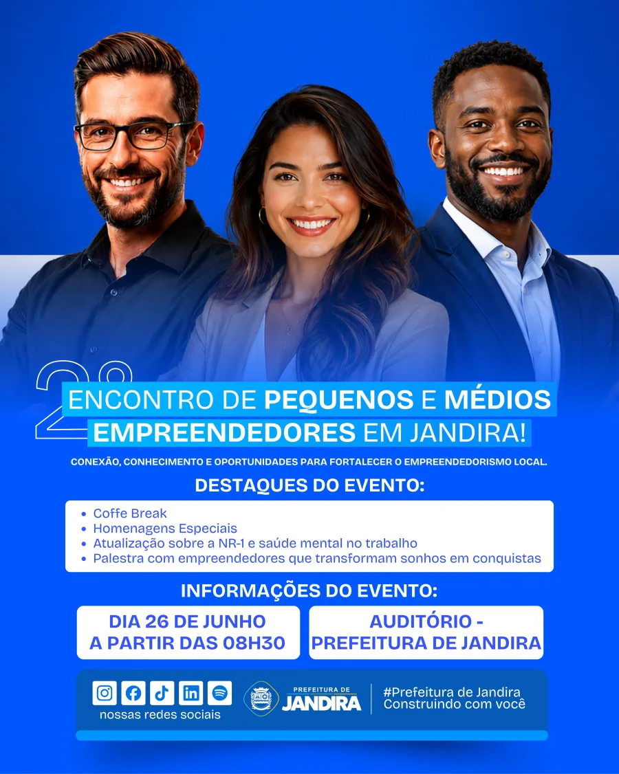 Jandira recebe em 26 de junho o 2º Encontro de Pequenos e Médios Empreendedores, com início marcado para as 8h30 no auditório da Prefeitura.