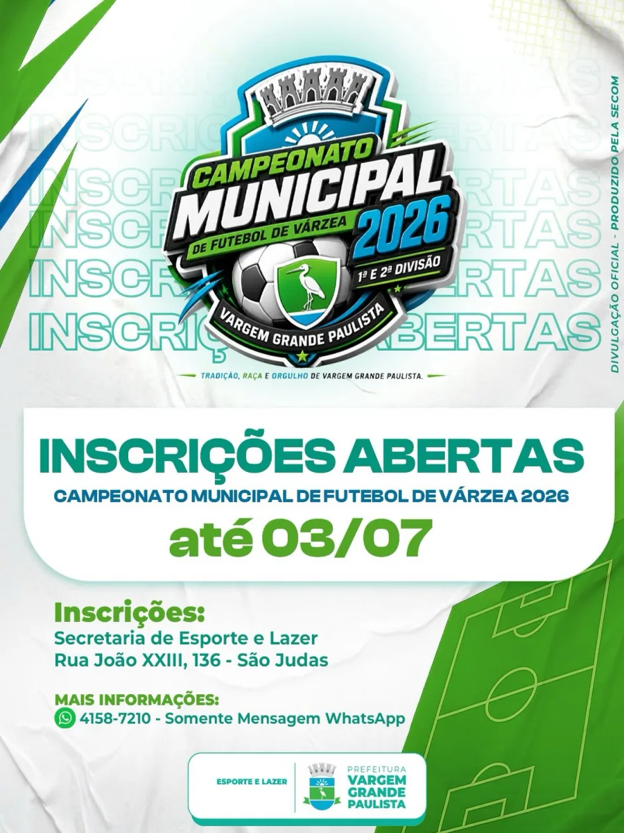 As inscrições para o Campeonato Municipal de Futebol de Várzea 2026 estão abertas em Vargem Grande Paulista, com disputas na 1ª e na 2ª Divisão.
