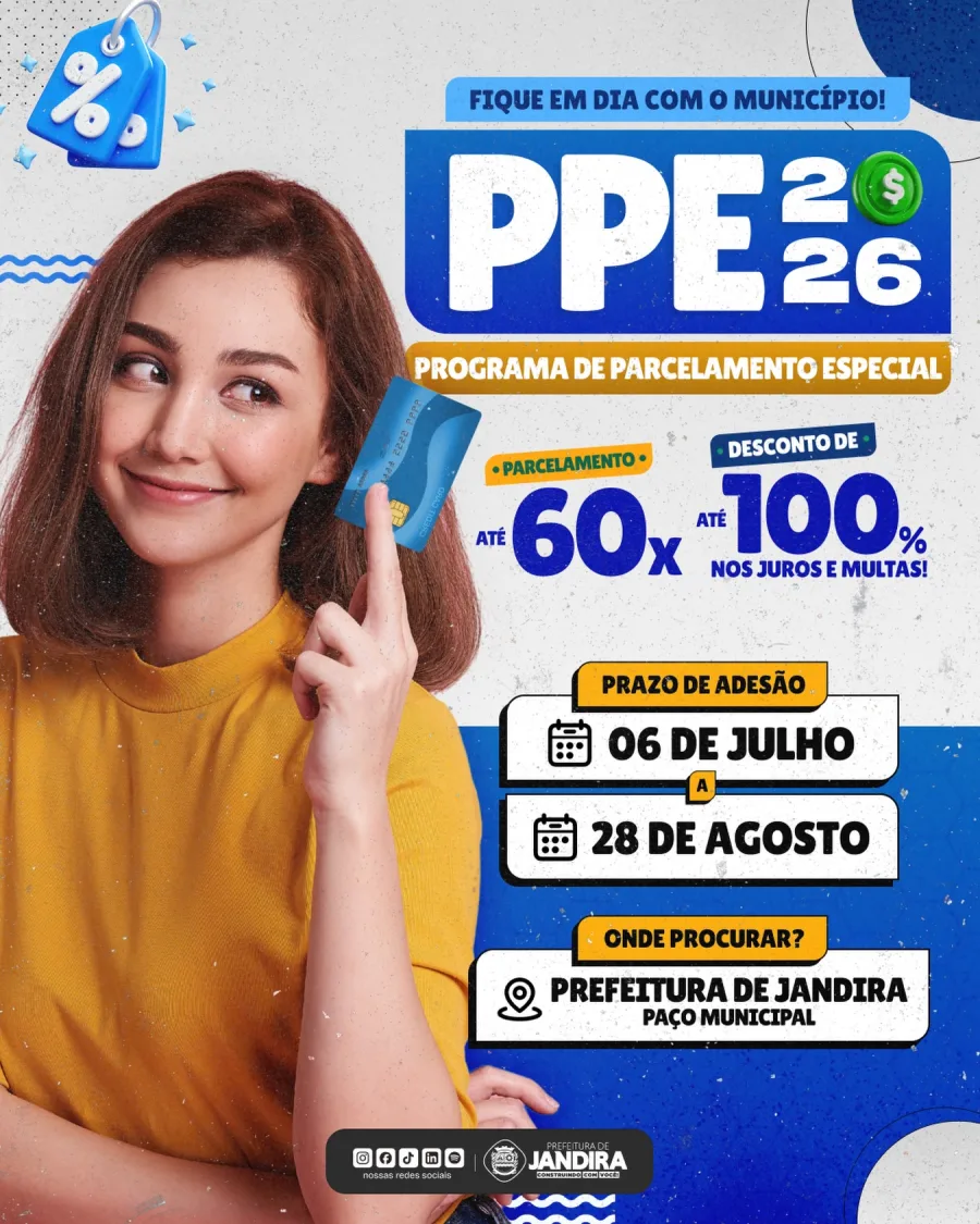 PPE 2026 de Jandira terá adesão de 6 de julho a 28 de agosto, parcelamento em até 60 vezes e desconto de até 100% nos juros e multas.