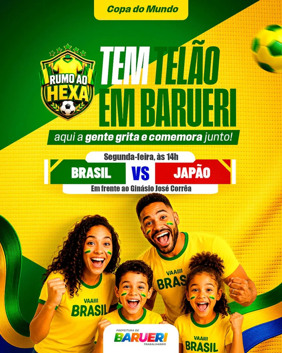 Barueri terá telão especial para Brasil x Japão nesta segunda-feira, às 14h, em frente ao Ginásio José Corrêa, com clima de Copa do Mundo.