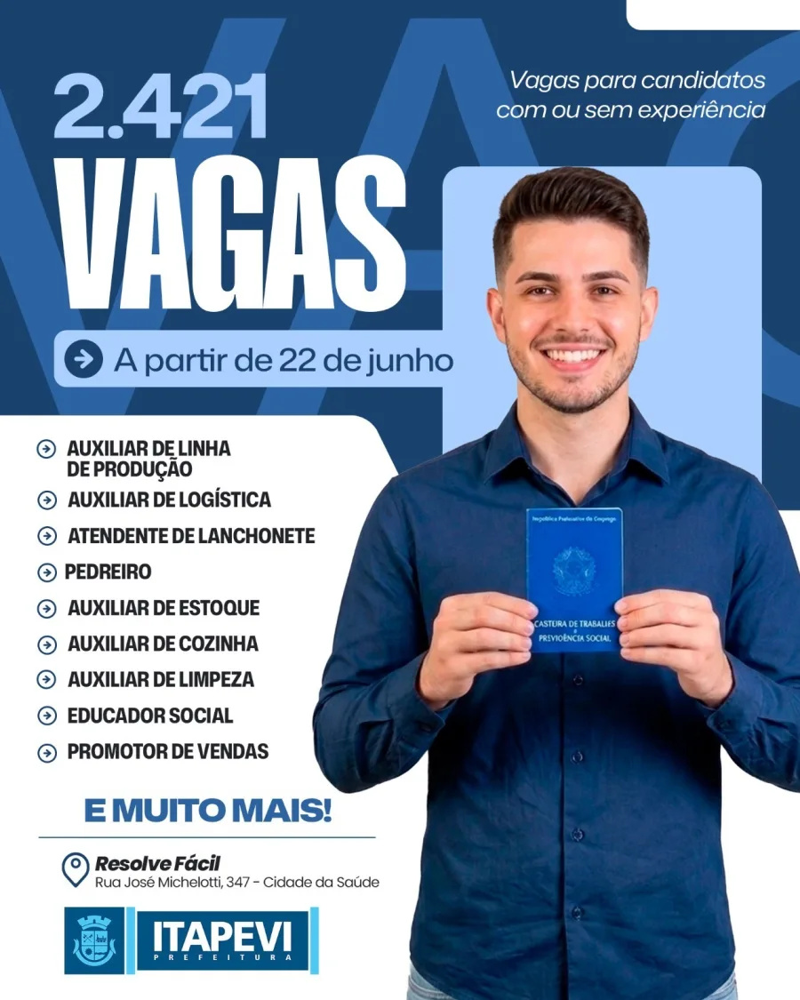 Itapevi abriu 2.421 vagas de emprego nesta segunda-feira, 22 de junho, para candidatos com ensino fundamental ou médio, com ou sem experiência profissional.