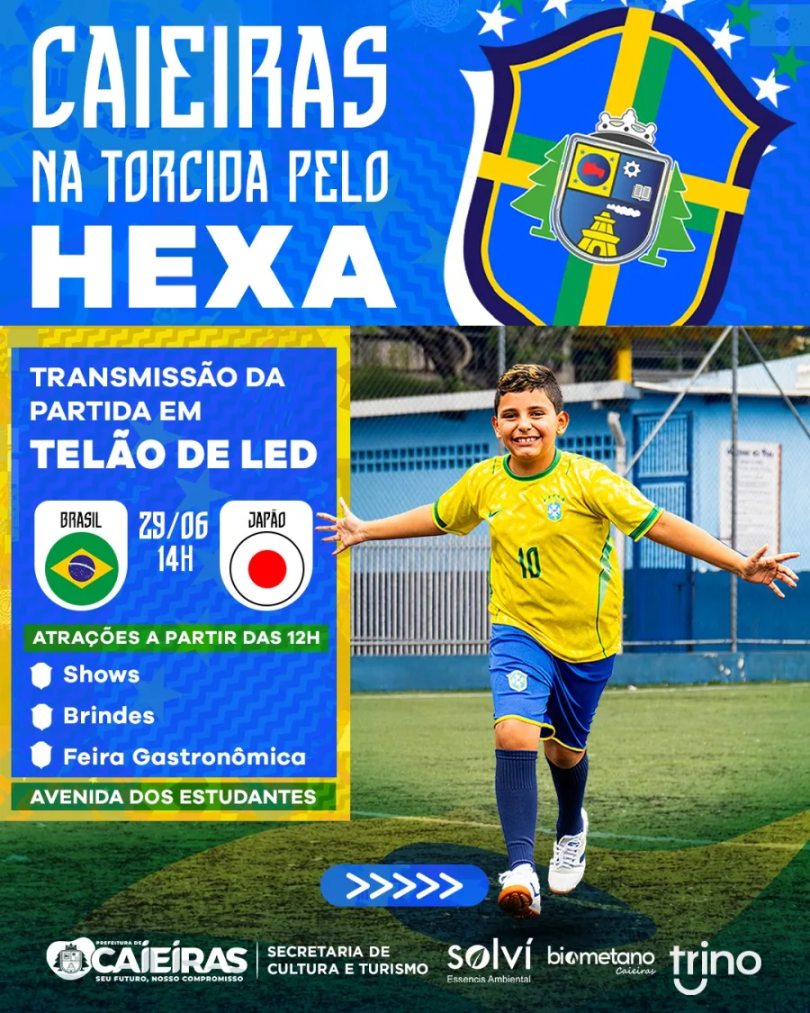 Caieiras terá telão de LED na Avenida dos Estudantes para Brasil x Japão, com festa pública no Centro e clima de Copa para famílias e amigos.