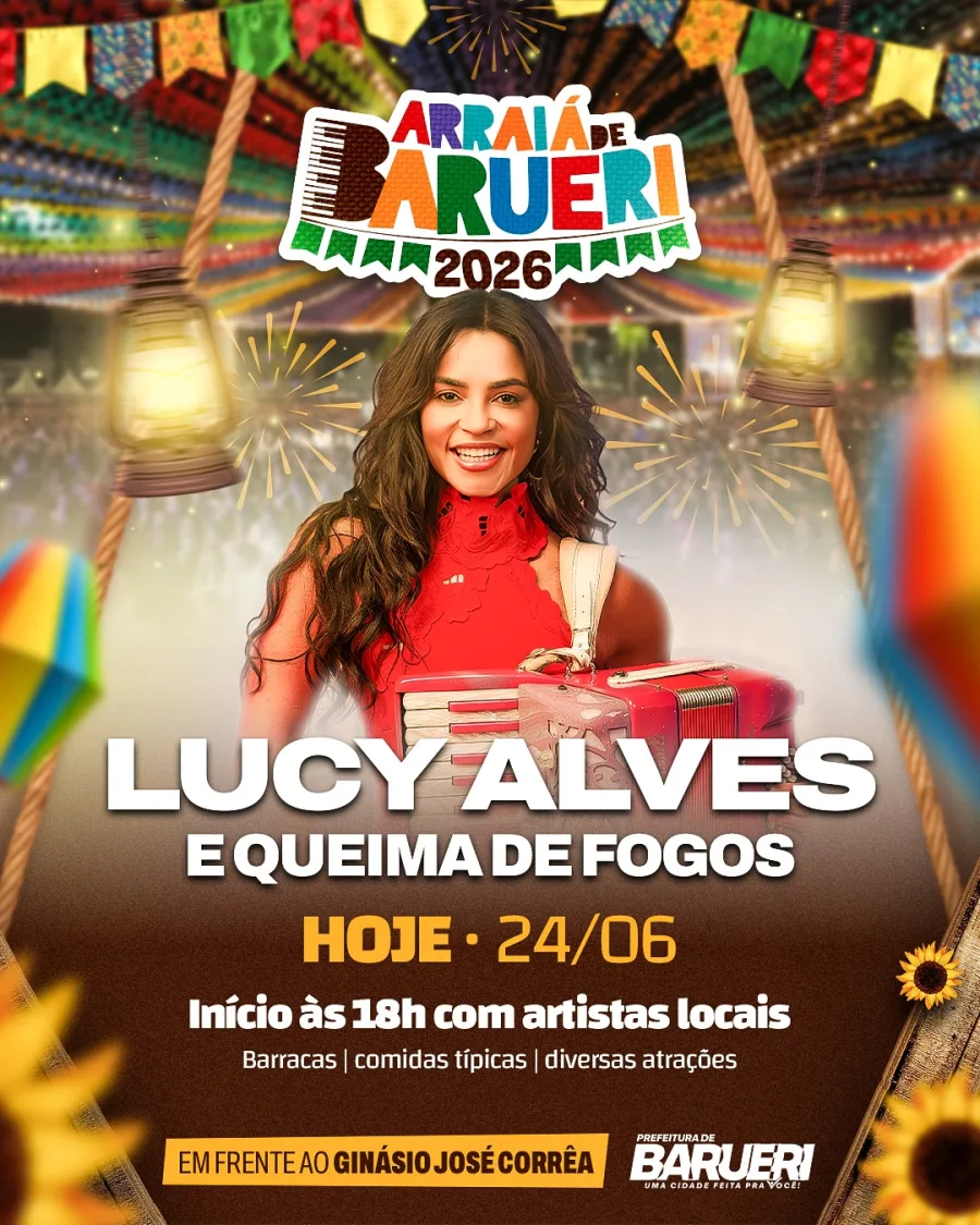 O Arraiá de Barueri 2026 realiza sua última noite nesta quarta-feira, 24 de junho, em frente ao Ginásio José Corrêa.