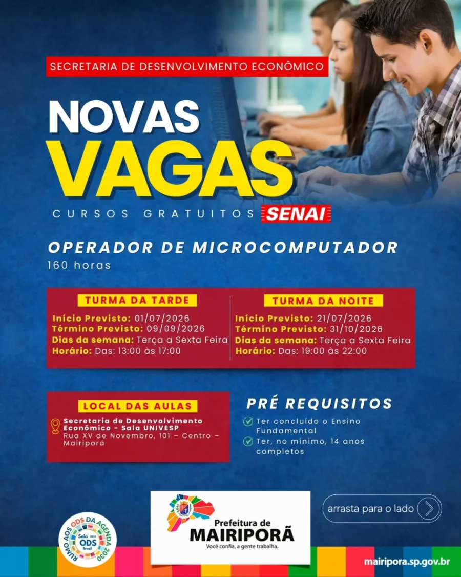 O curso gratuito de Operador de Microcomputador tem 160 horas e recebe candidatos a partir de 14 anos com o Ensino Fundamental completo.