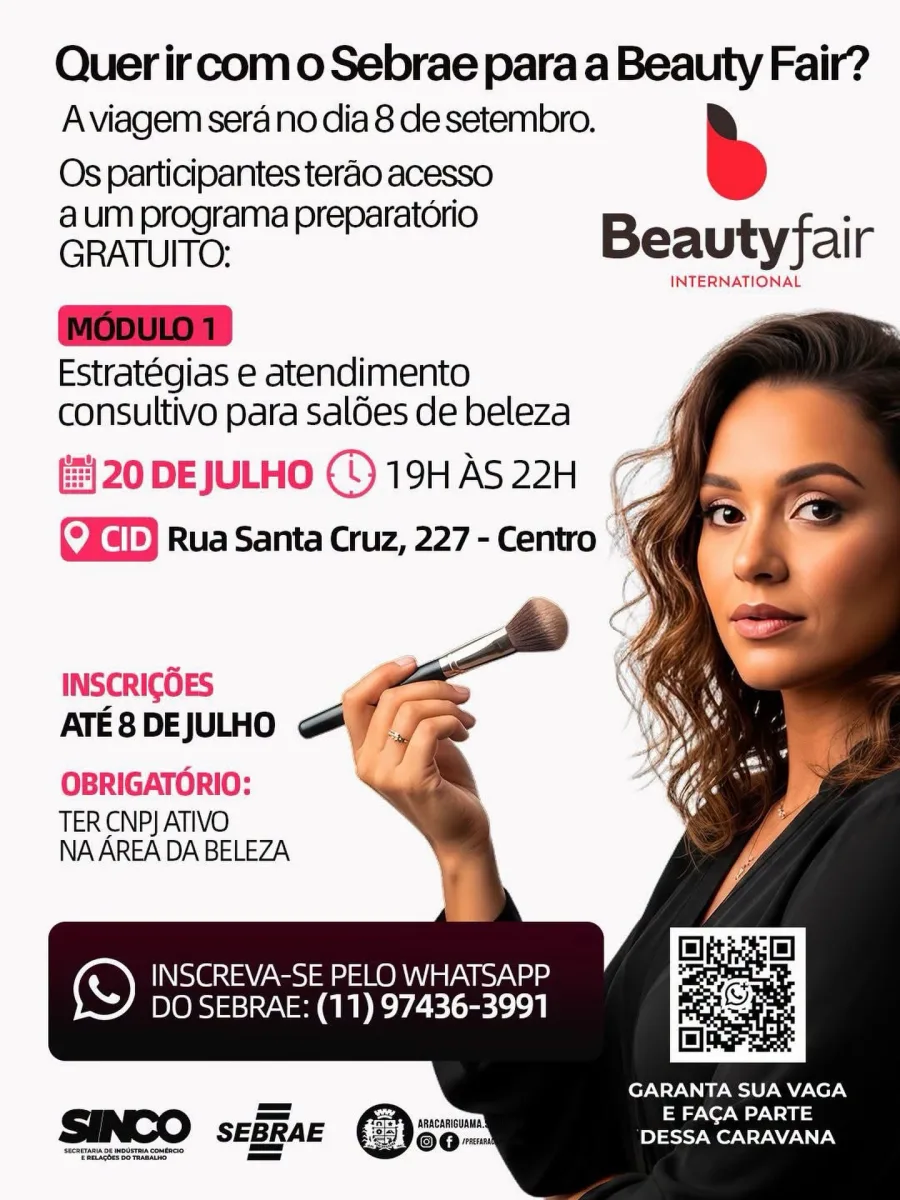 Caravana gratuita de Araçariguama para a Beauty Fair terá viagem em 8 de setembro, inscrições até 8 de julho e exigência de CNPJ ativo na área da beleza.