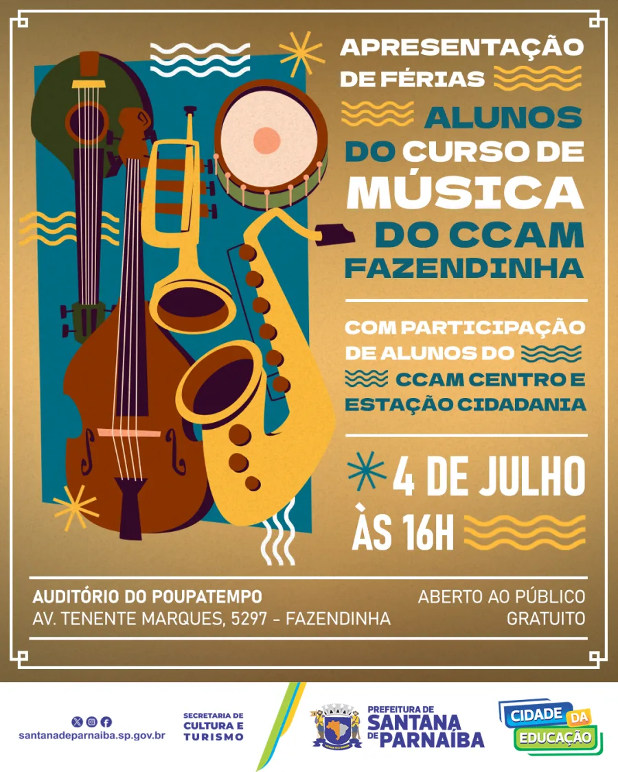 Alunos do curso de música do CCAM Fazendinha farão uma apresentação de férias aberta à população de Santana de Parnaíba no dia 4 de julho.